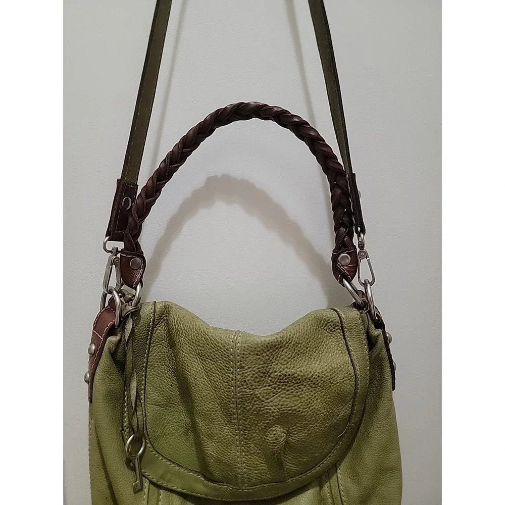Vintage Fossil Green Leather Shoulder Bag Purse Handbag Organizer Tote. Classic